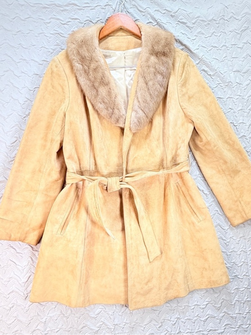 Vintage Beige Suede Leather Trench Coat Genuine Fur Collar Belted Womens Medium